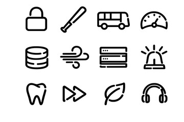 Set of minimalist black line icons including padlock bus speedometer database wind server siren tooth fast forward leaf and headphones