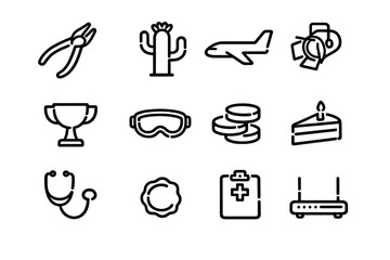 Collection of minimalist black line icons featuring tools nature travel sports and medical symbols on a white background
