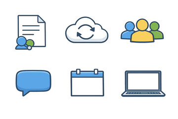 Set of business and communication icons including document cloud sync group chat calendar and laptop on white background