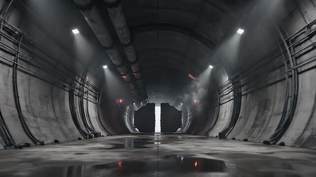 Dimly lit, wet tunnel with overhead pipes and junction box lights