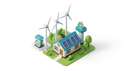 Obraz premium Modern Eco Friendly House With Solar Panels, Wind Turbines, and Recycling Station