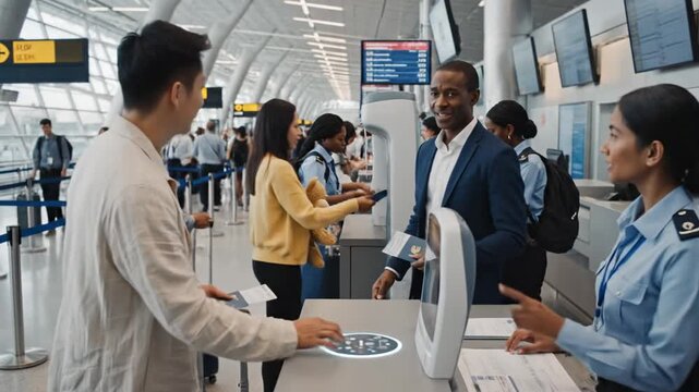 People going through airport security and passport control with smiles on their faces