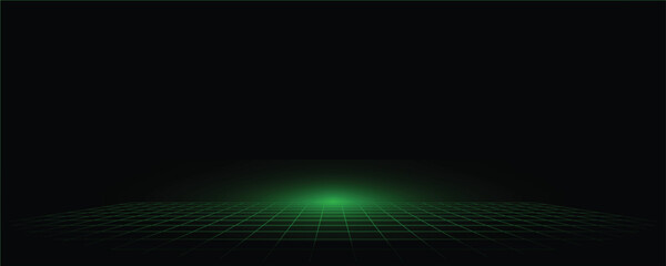Green neon perspective grid with glowing light on black background © Eamin