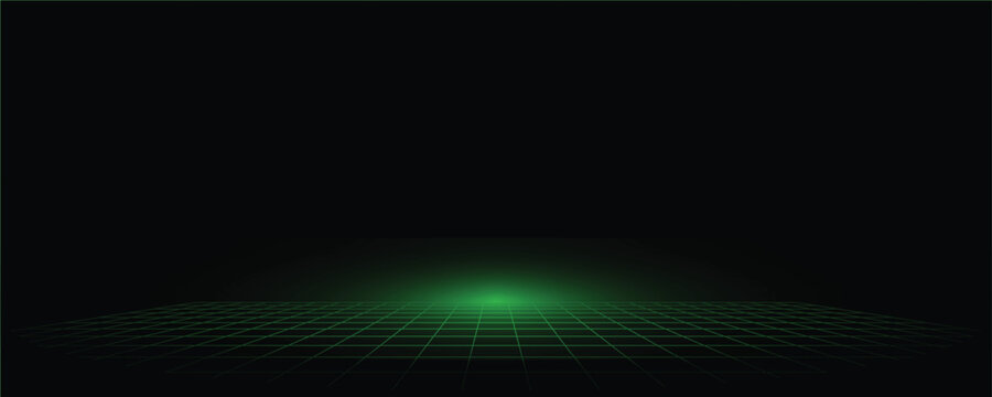 Green neon perspective grid with glowing light on black background