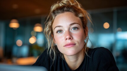 Obraz premium A young woman with a beautiful natural look gazes thoughtfully into the distance, encapsulating moments of introspection, dreams, and the pursuit of her aspirations in life.