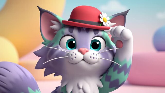 Charming cartoon cat illustration with vibrant purple and teal fur, wearing a stylish red hat with a daisy, playfully tipping its hat, exuding adorable charm