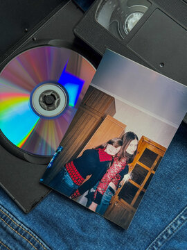 Y2K Aesthetic Nostalgia. Vintage Family Photos with VHS Tape and Retro Media  