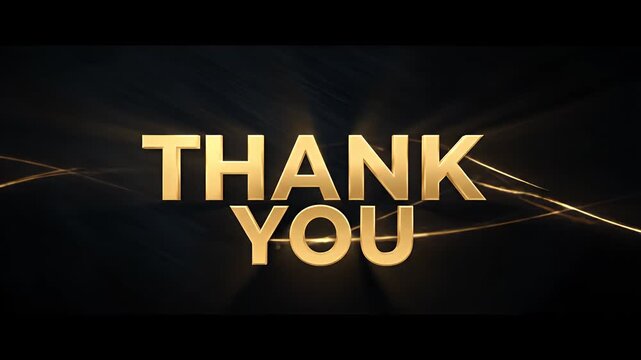 Golden thank you text on a dark background with shiny lines, viewed from the front