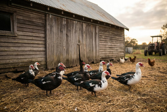 Flock of Muscovy ducks roaming near a rustic wooden barn and tractor at sunset.