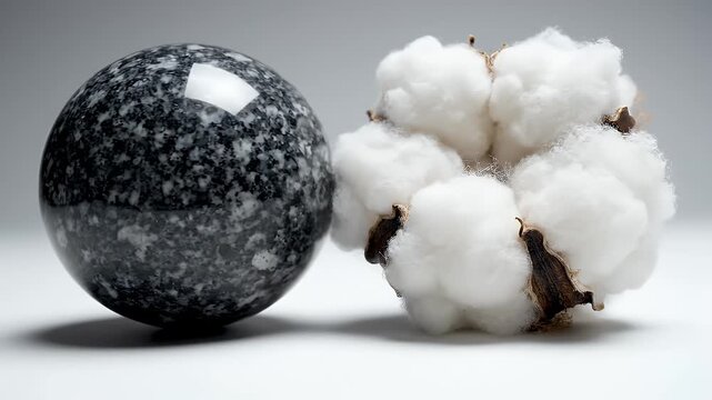 A dark, speckled sphere sits next to a fluffy, white cotton boll