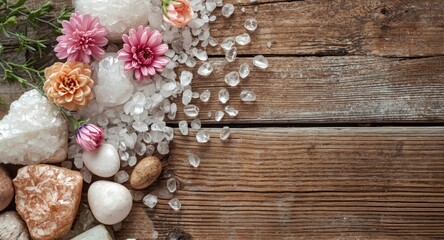 Fototapeta premium Serene spa setup using salt crystals and vibrant fresh flowers on rustic wooden background