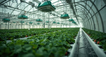 Fototapeta premium Modern strawberry hydroponic greenhouse with suspended insect killing equipment inside the growing area
