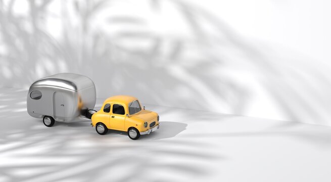 a Small Yellow Retro Car Towing a Silver Chrome Caravan on White Background