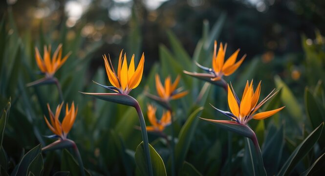 Fresh and artistic garden scene with blooming strelitzia flowers