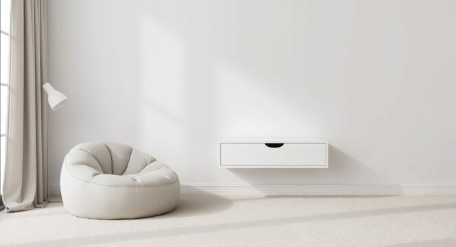White living room interior with carpet and pouf chair featuring floating drawer and copy space wall mockup
