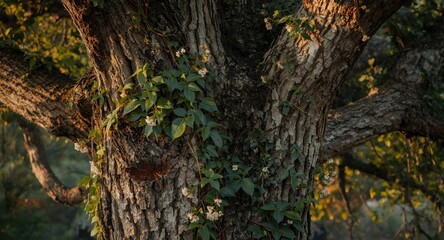 Fototapeta premium Invasive ivy vines wrapping around the bark of a sturdy oak tree