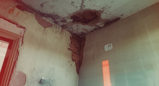 Room corner showing damaged walls and damp ceiling with mold growth indicating urgent repair needs