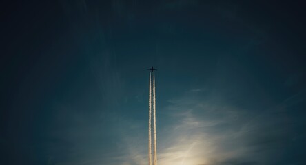 Obraz premium Peaceful dark blue sky lit by sunlight showcasing an airplane vapor trail