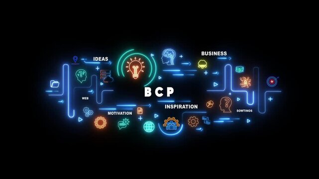 Neon light infographic diagram with BCP text and business concept icons on black background image photo