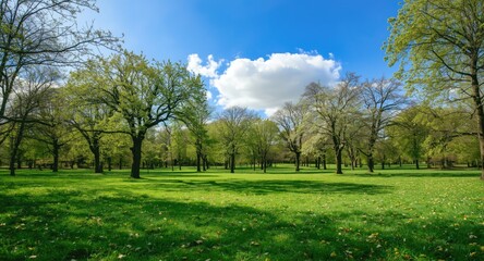 Obraz premium Peaceful green park with blooming spring leaves on a sunny day