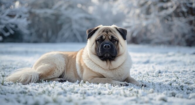 A serene Kangal dog resting in a snow-laden yard