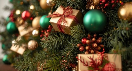 Naklejka premium Festive Christmas ornamentation with presents and needle leaf branches for seasonal decoration