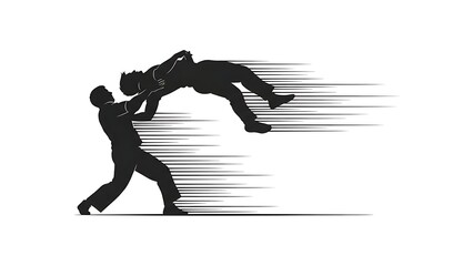 Naklejka premium Grayscale Image: Silhouette of Two Men Wrestling Throwing Opponent