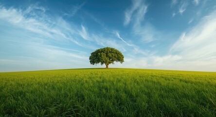 Vast grassy terrain featuring trees beneath a blue sky with light cloud cover at daylight