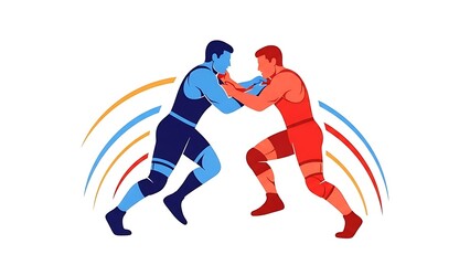 Fototapeta premium Wrestling Match Image: Blue and Red Wrestlers in Action