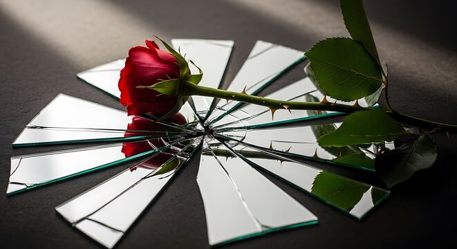 Red rose on broken mirror pieces.