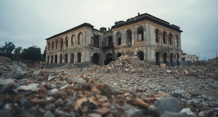 Obraz premium Rubble strewn area around deteriorated building with visible structure in daylight copy space