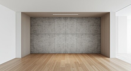 Fototapeta premium Modern rectangular interior with concrete wall and wood floor showcasing composite design pattern in clean white event space