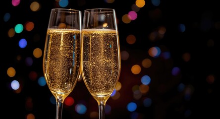 Naklejka premium Clinking champagne glasses highlighted by twinkling bokeh lights and celebratory copy space