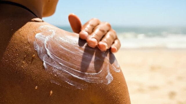 A person applies white sunscreen lotion to their shoulder. The scene is set on a sunny beach with the ocean in the background. Ideal for summer health and skincare themes.