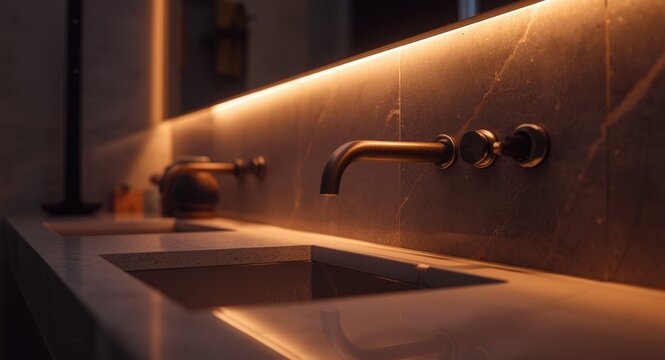 Modern bathroom interior with bronze faucet on tile and warm soft lighting