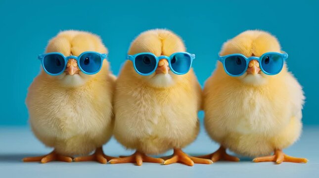 Three funny chicks wearing sunglasses on blue background, Happy Easter spring celebration concept.