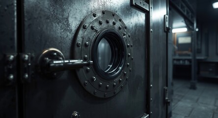 Secure steel door with porthole window and rivet details in a controlled lab space