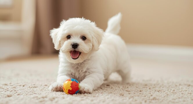 Cheerful Maltese Poodle hybrid puppy enjoying indoor setting
