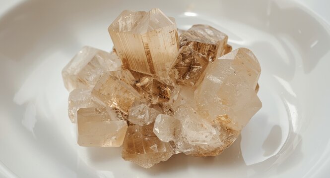 Focused close view of robust barite crystals positioned on white plate