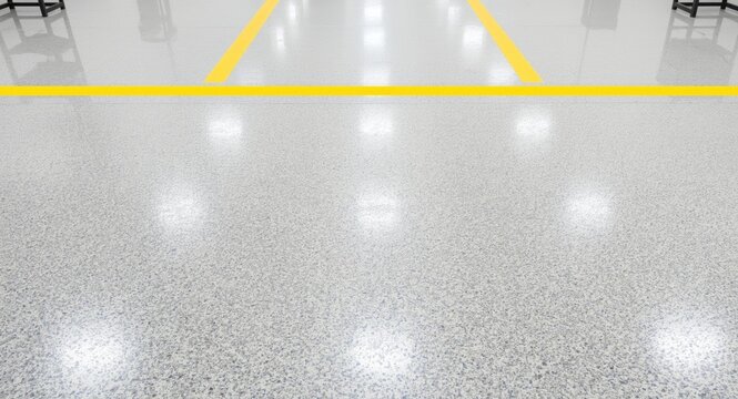 Safety barrier marked by yellow tape on commercial linoleum flooring with copy space