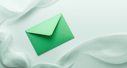 Naklejka premium Envelope in green shade positioned on smooth white surface with ample copy space