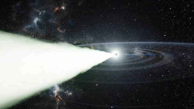 A dark, industrial satellite with deployed solar panels glides through a swirling, luminous green nebula