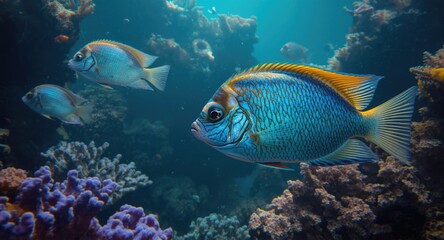 Tropical fish in lush coral reef habitat displaying vivid colors with copy space