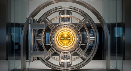 Fototapeta premium Massive, ornate vault door with a glowing golden central mechanism, representing security, wealth, and impenetrable safety in a bank.