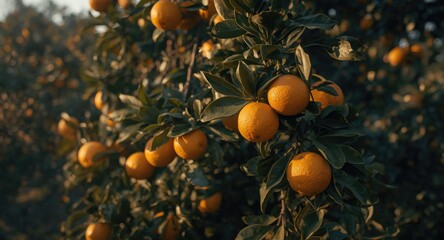 Organic citrus trees laden with ripe fruit in winter