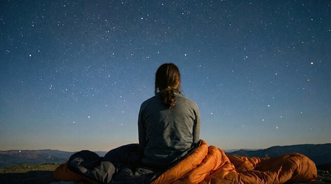 Man sitting on sleeping bag under starry sky at night, camping solitude, peaceful outdoor retreat, night contemplation, adventure rest.