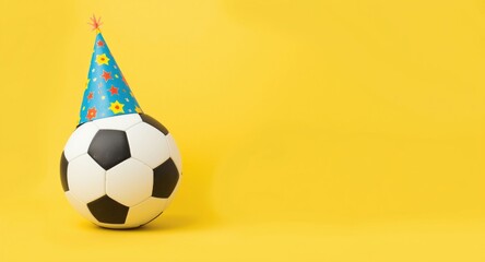 Naklejka premium Party themed soccer ball wearing colorful hat on yellow background for child birthday with copy space