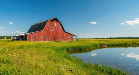 Obraz premium Brilliant red barn placed in a sunlit field beside a placid lake and copy space