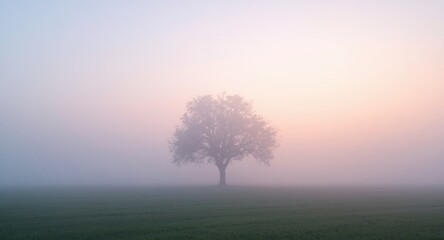 Obraz premium Distinct tree form emerging through gentle mist and color gradient backdrop with relaxed feel