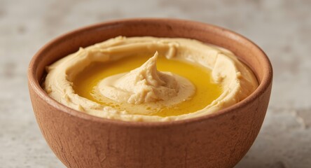 Velvety chickpeas hummus topped with a swirl of olive oil in a handcrafted bowl